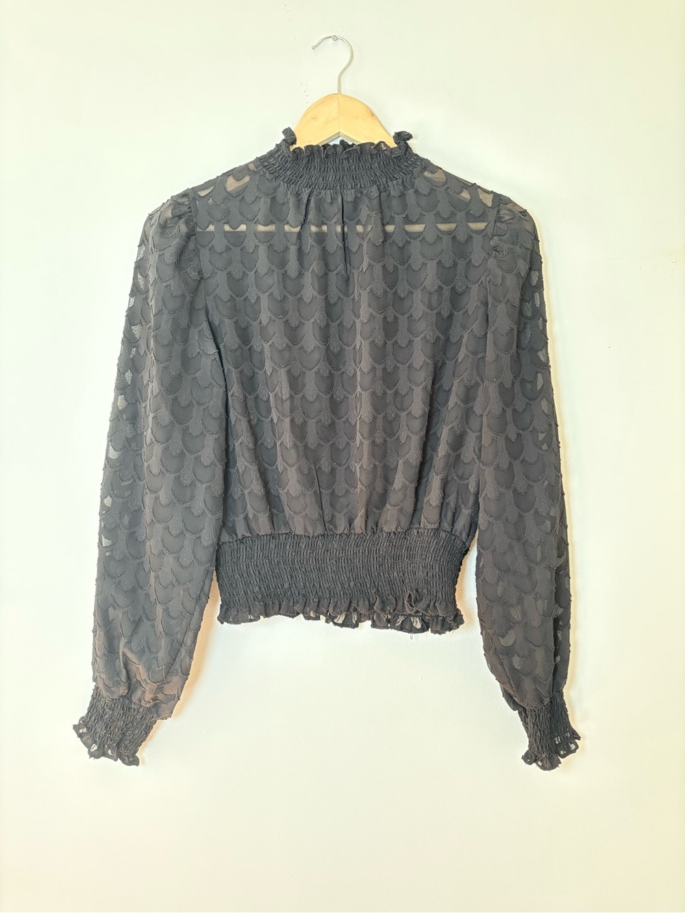 Blāshe Sheer Black Smocked Mock Neck Blouse Size M Romantic Goth Scallop